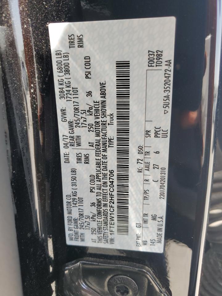 2017 Ford F150 Supercrew VIN: 1FTEW1CF2HFC04706 Lot: 59573434