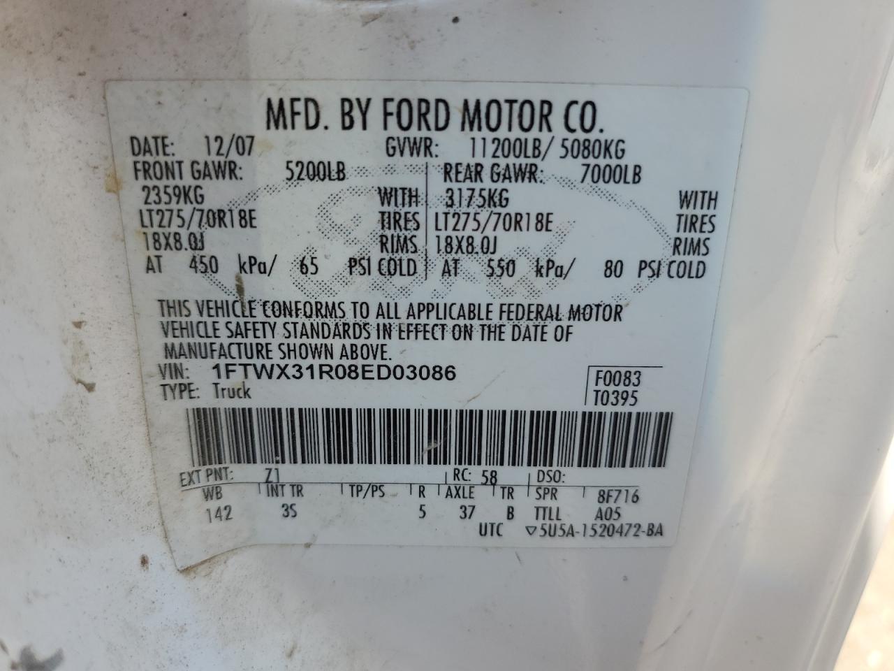 2008 Ford F350 Srw Super Duty VIN: 1FTWX31R08ED03086 Lot: 64866324
