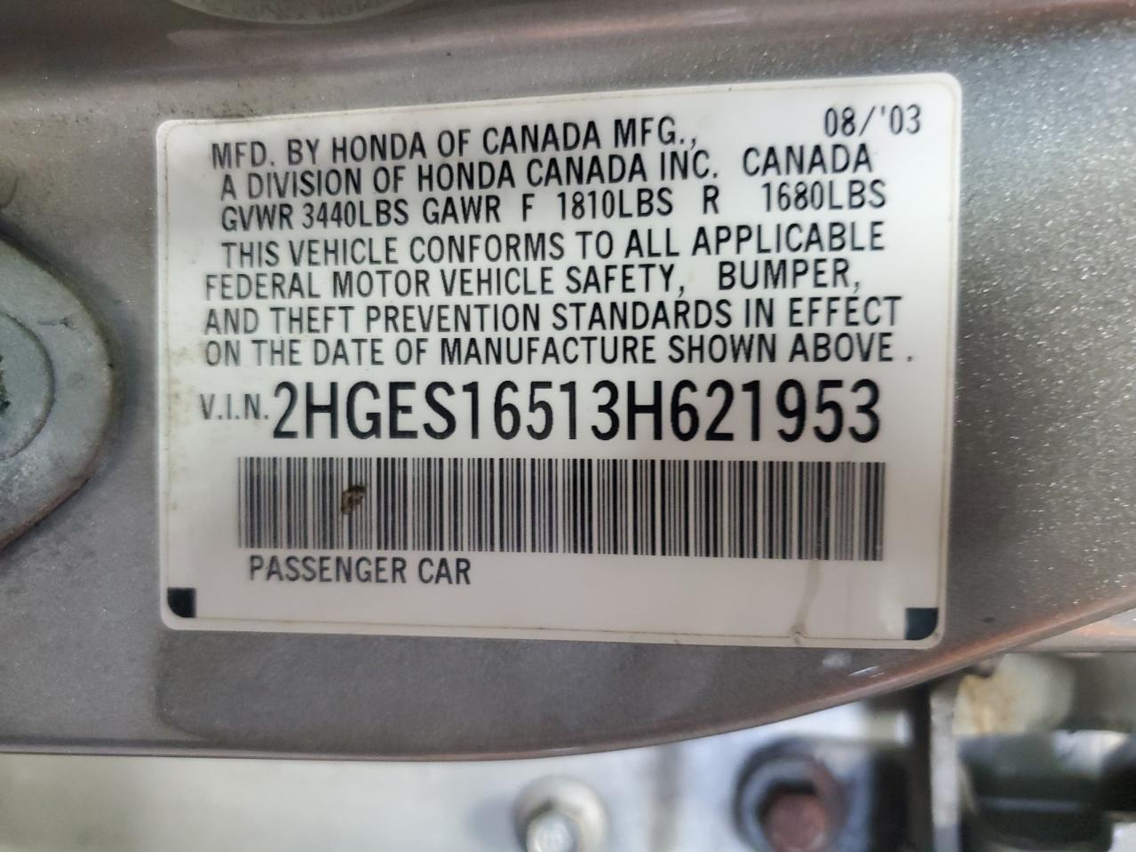 2003 Honda Civic Lx VIN: 2HGES16513H621953 Lot: 64235434