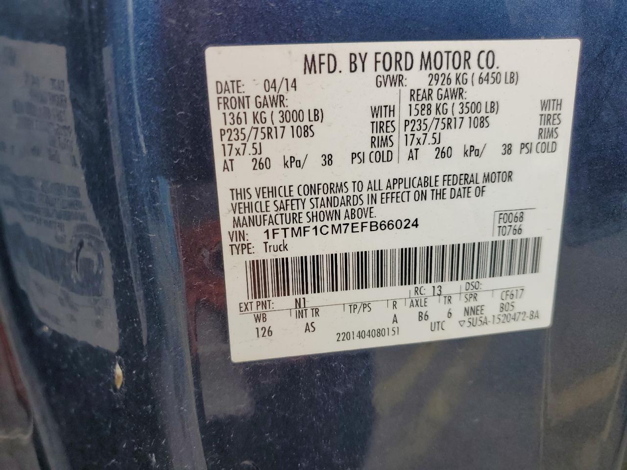 2014 Ford F150 VIN: 1FTMF1CM7EFB66024 Lot: 64667934