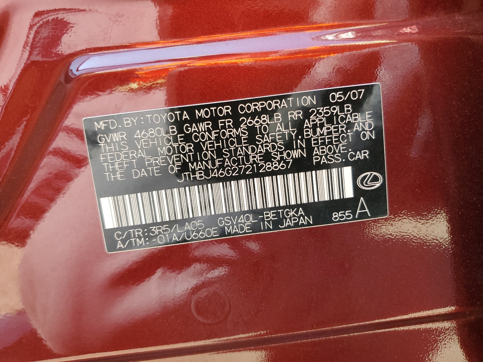 JTHBJ46G272128867 2007 Lexus Es 350