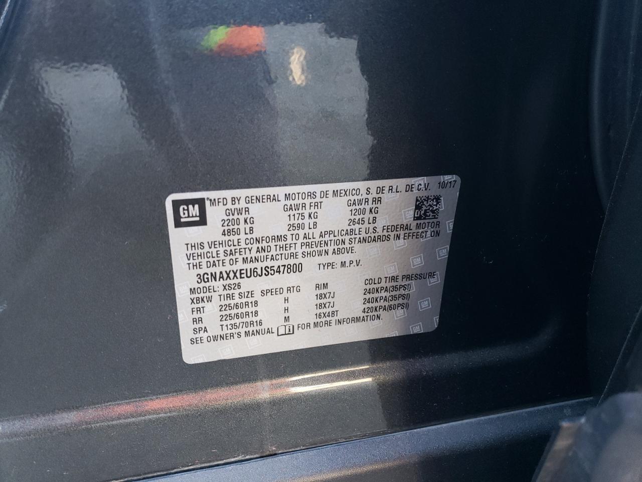 2018 Chevrolet Equinox Premier VIN: 3GNAXXEU6JS547800 Lot: 63857094