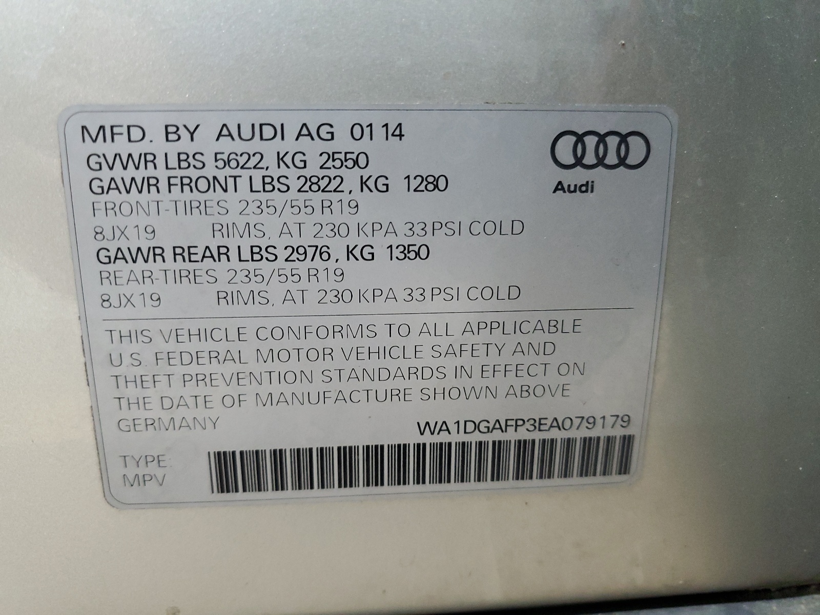 WA1DGAFP3EA079179 2014 Audi Q5 Premium Plus