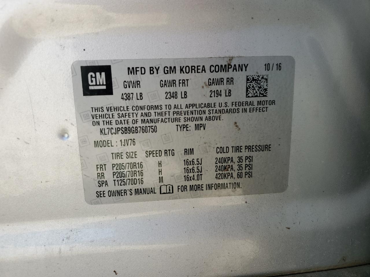 2016 Chevrolet Trax 1Lt VIN: KL7CJPSB9GB760750 Lot: 64829284