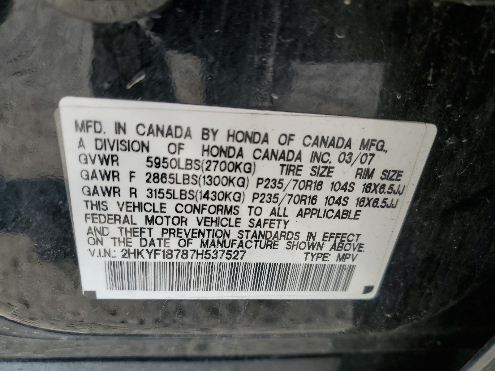 2HKYF18787H537527 2007 Honda Pilot Exl