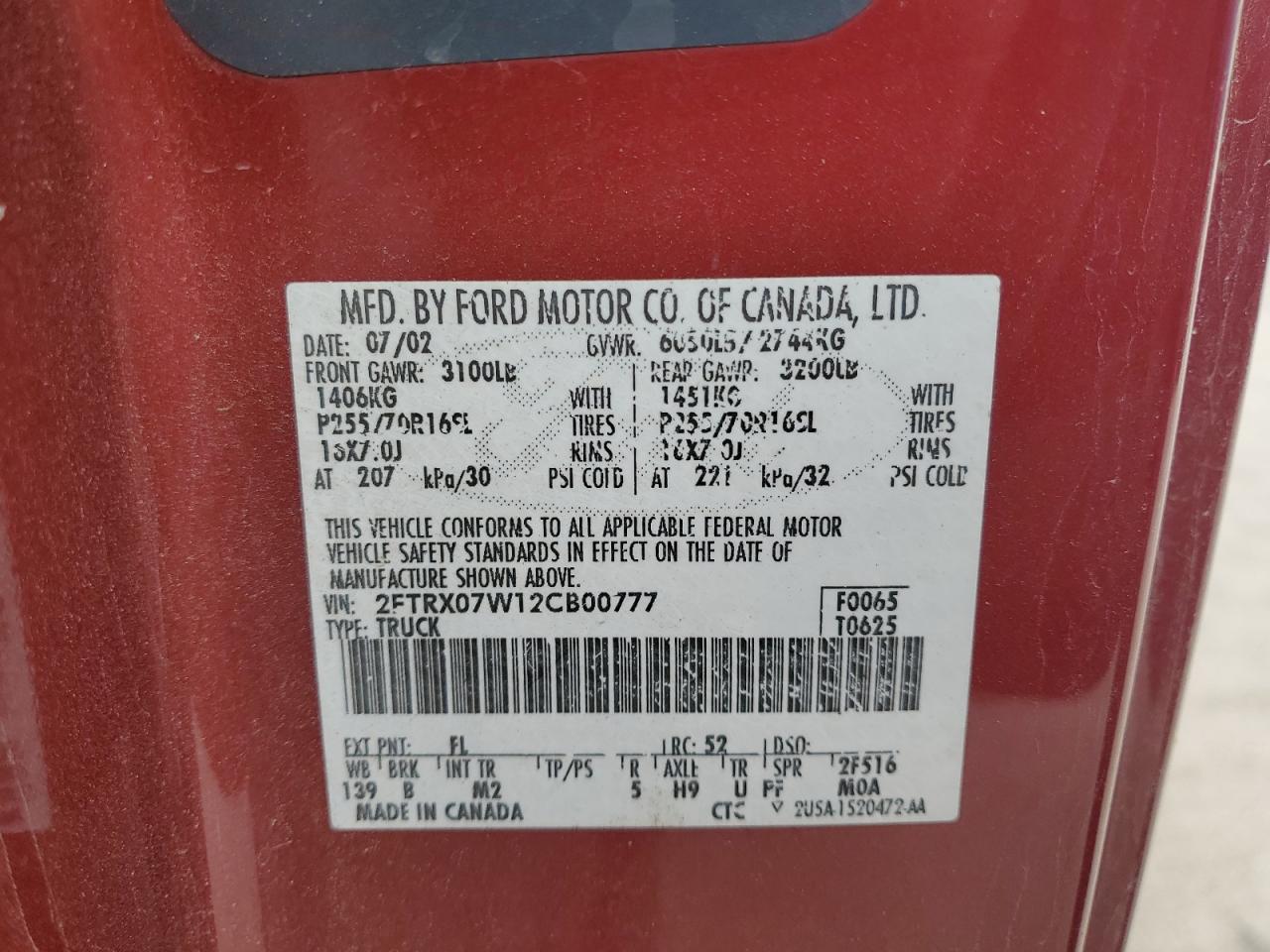 2002 Ford F150 VIN: 2FTRX07W12CB00777 Lot: 64111884