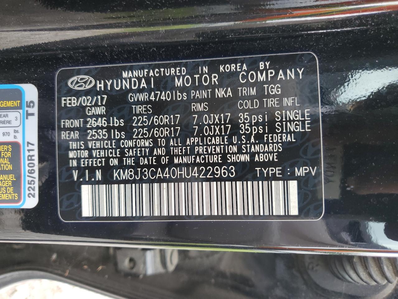 2017 Hyundai Tucson Limited VIN: KM8J3CA40HU422963 Lot: 63819104