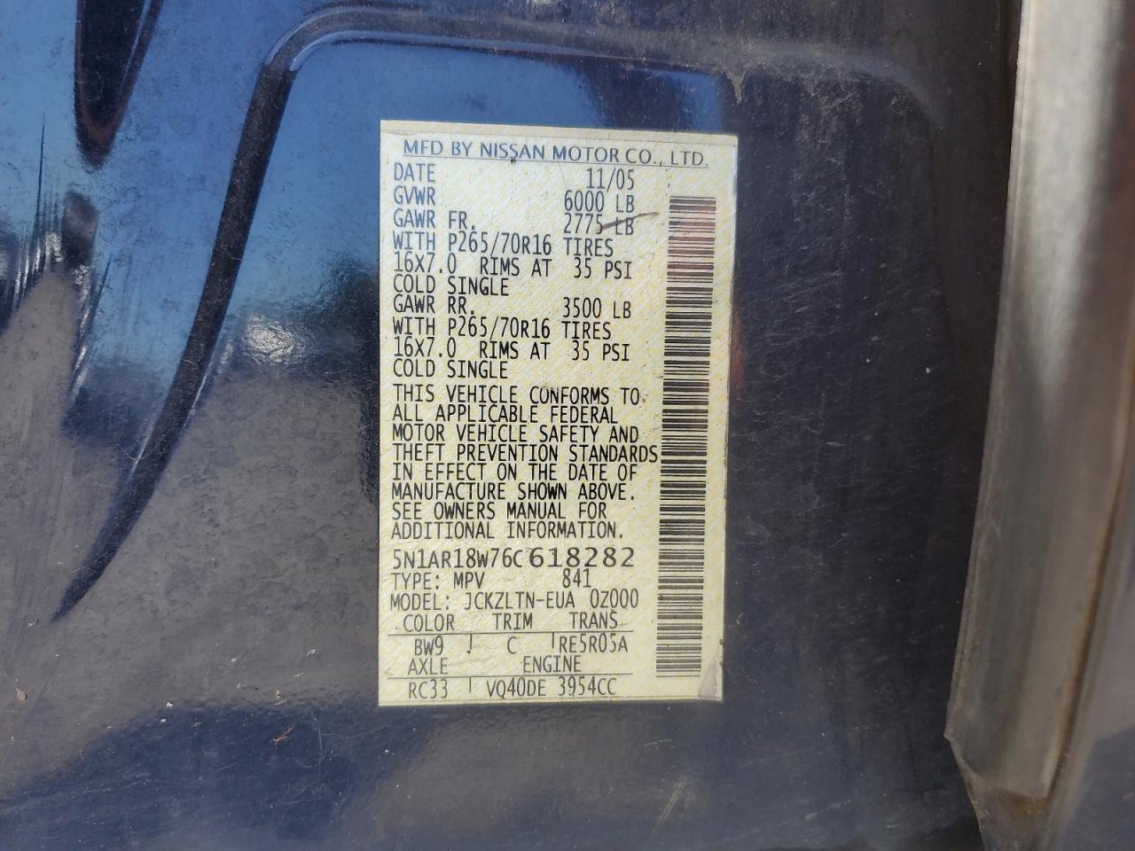 2006 Nissan Pathfinder Le VIN: 5N1AR18W76C618282 Lot: 61522774