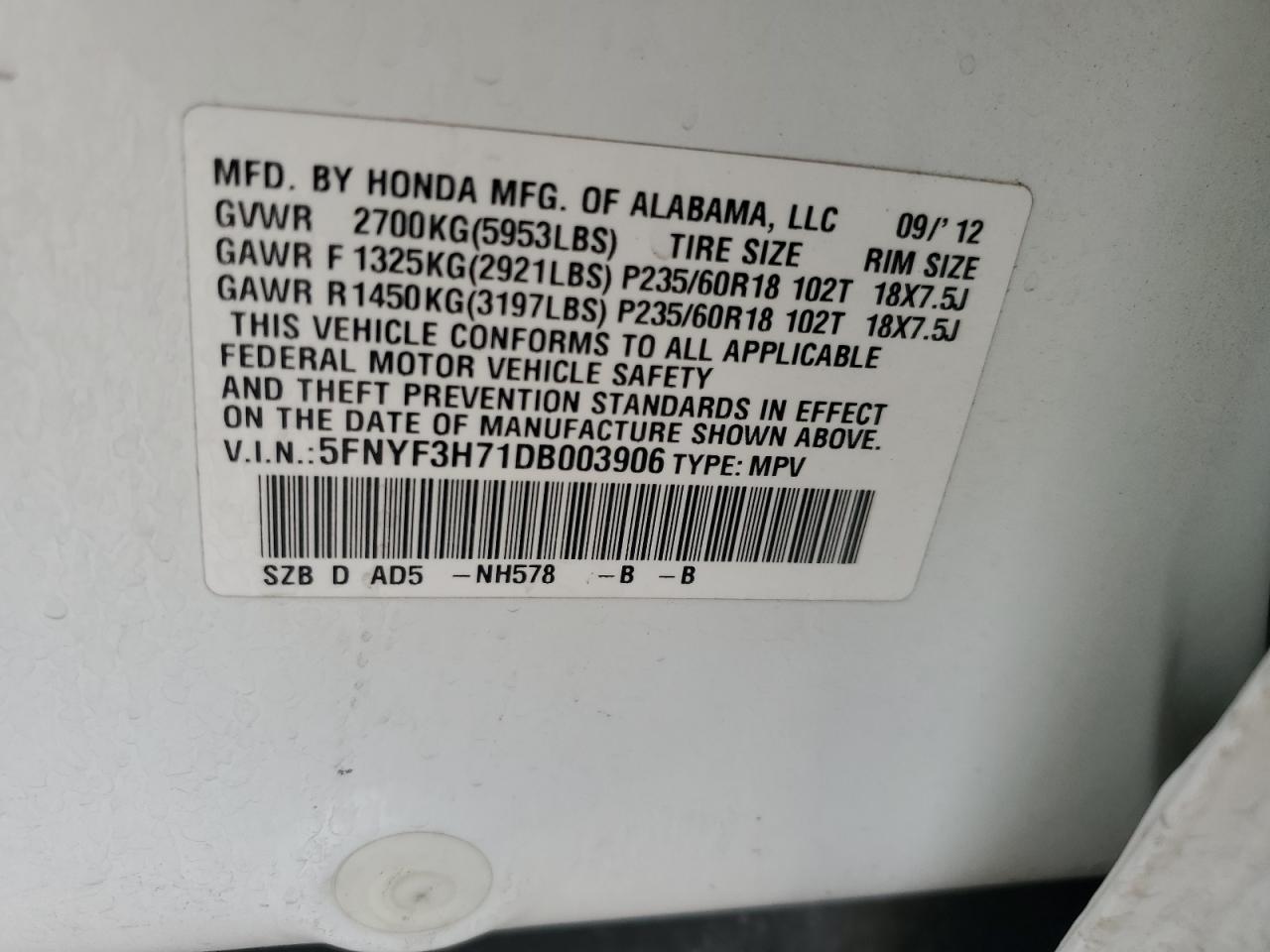 2013 Honda Pilot Exln VIN: 5FNYF3H71DB003906 Lot: 63616394