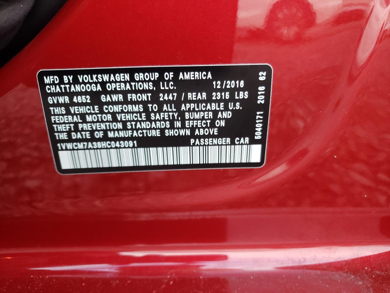 2017 Volkswagen Passat Sel Premium VIN: 1VWCM7A38HC043091 Lot: 62541894
