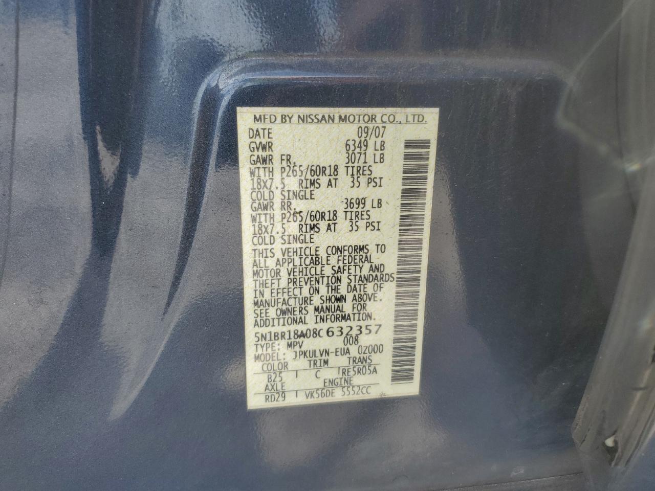 2008 Nissan Pathfinder Le VIN: 5N1BR18A08C632357 Lot: 62702144