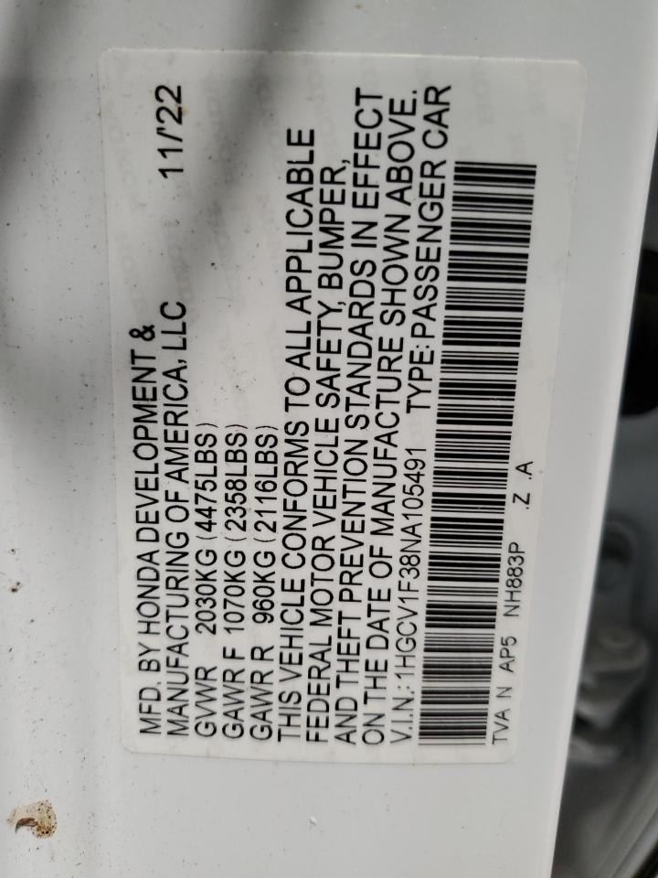 2022 Honda Accord Sport VIN: 1HGCV1F38NA105491 Lot: 64482224