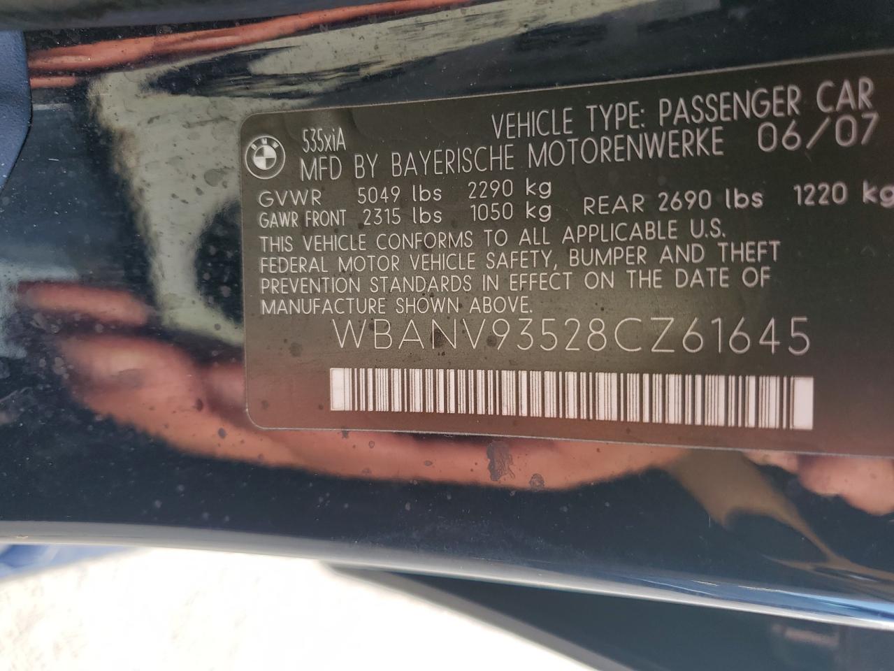 2008 BMW 535 Xi VIN: WBANV93528CZ61645 Lot: 62337174