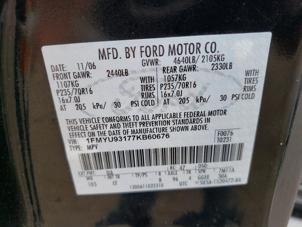 2007 Ford Escape Xlt VIN: 1FMYU93177KB60676 Lot: 65046334