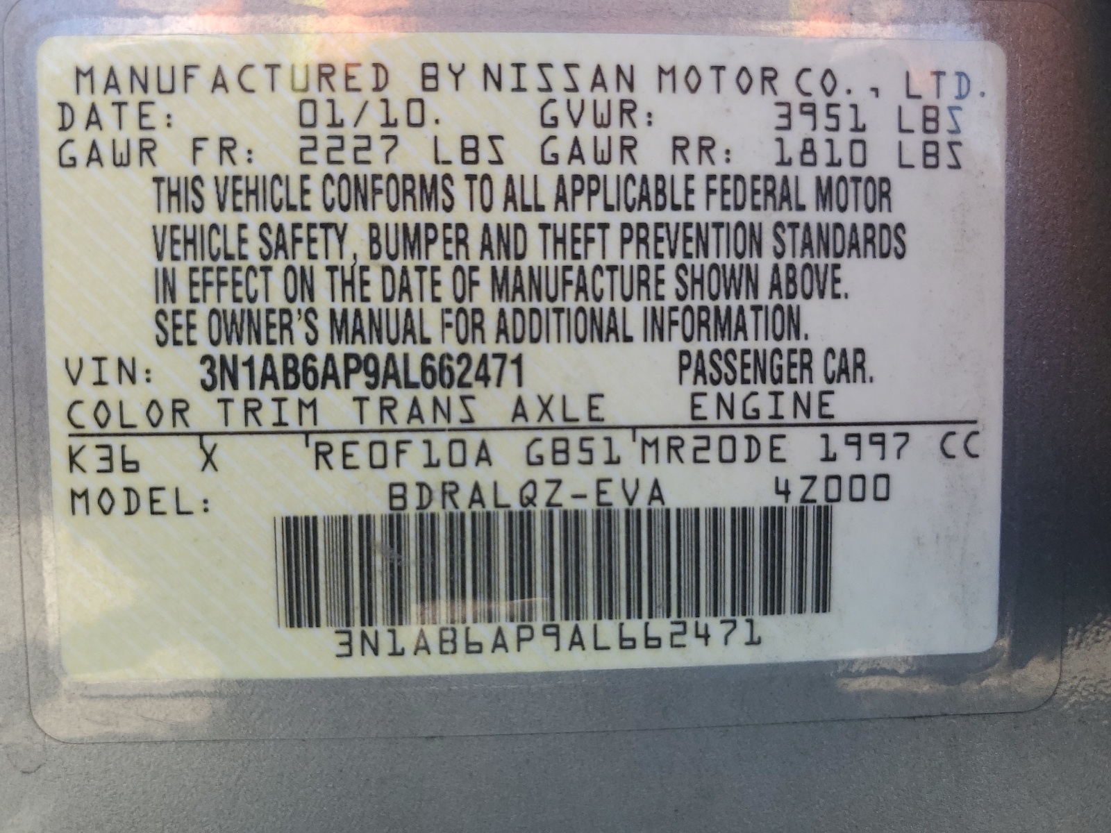 3N1AB6AP9AL662471 2010 Nissan Sentra 2.0