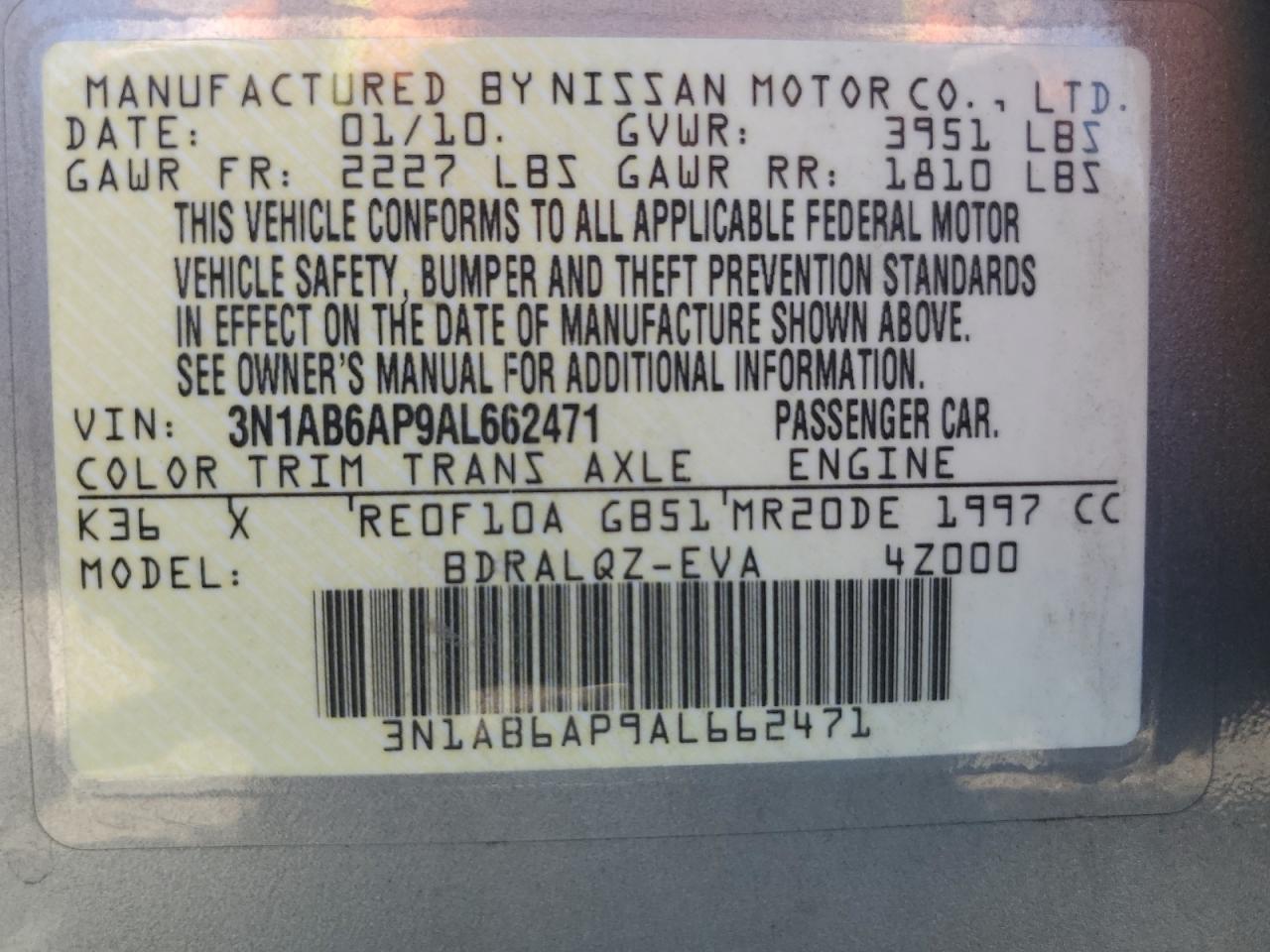 2010 Nissan Sentra 2.0 VIN: 3N1AB6AP9AL662471 Lot: 62480314