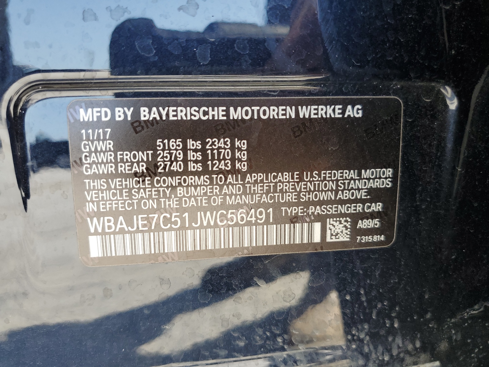 WBAJE7C51JWC56491 2018 BMW 540 Xi