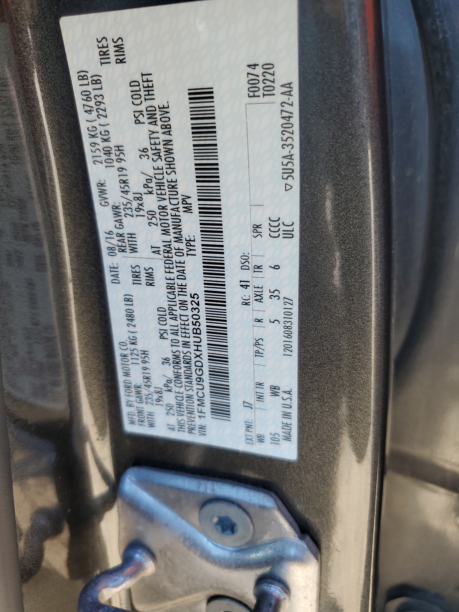 1FMCU9GDXHUB50325 2017 Ford Escape Se