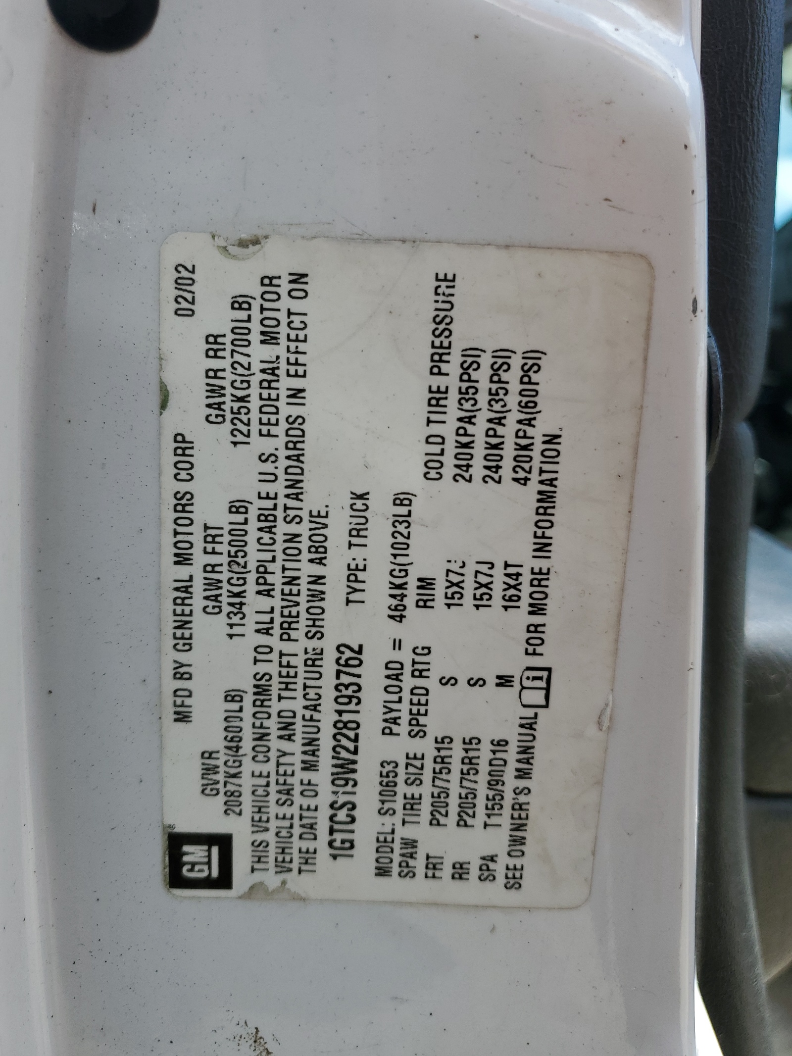 1GTCS19W228193762 2002 GMC Sonoma