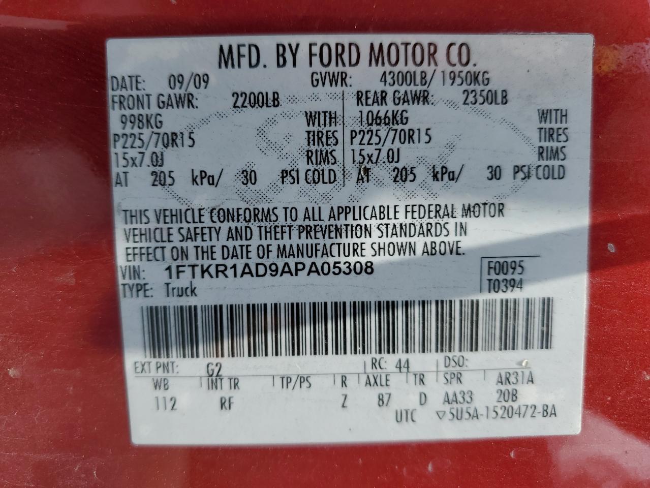 2010 Ford Ranger VIN: 1FTKR1AD9APA05308 Lot: 63902434