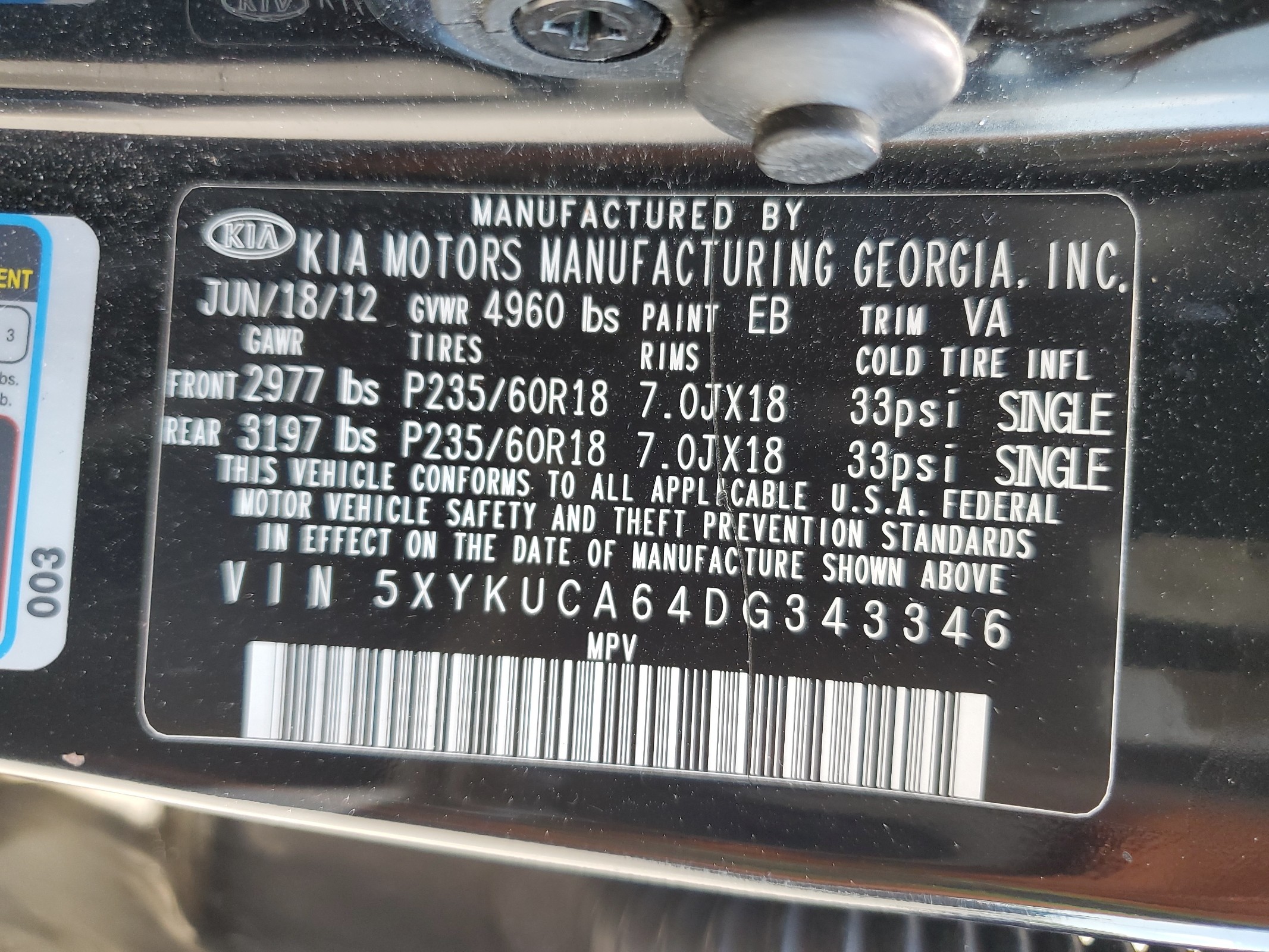 5XYKUCA64DG343346 2013 Kia Sorento Ex