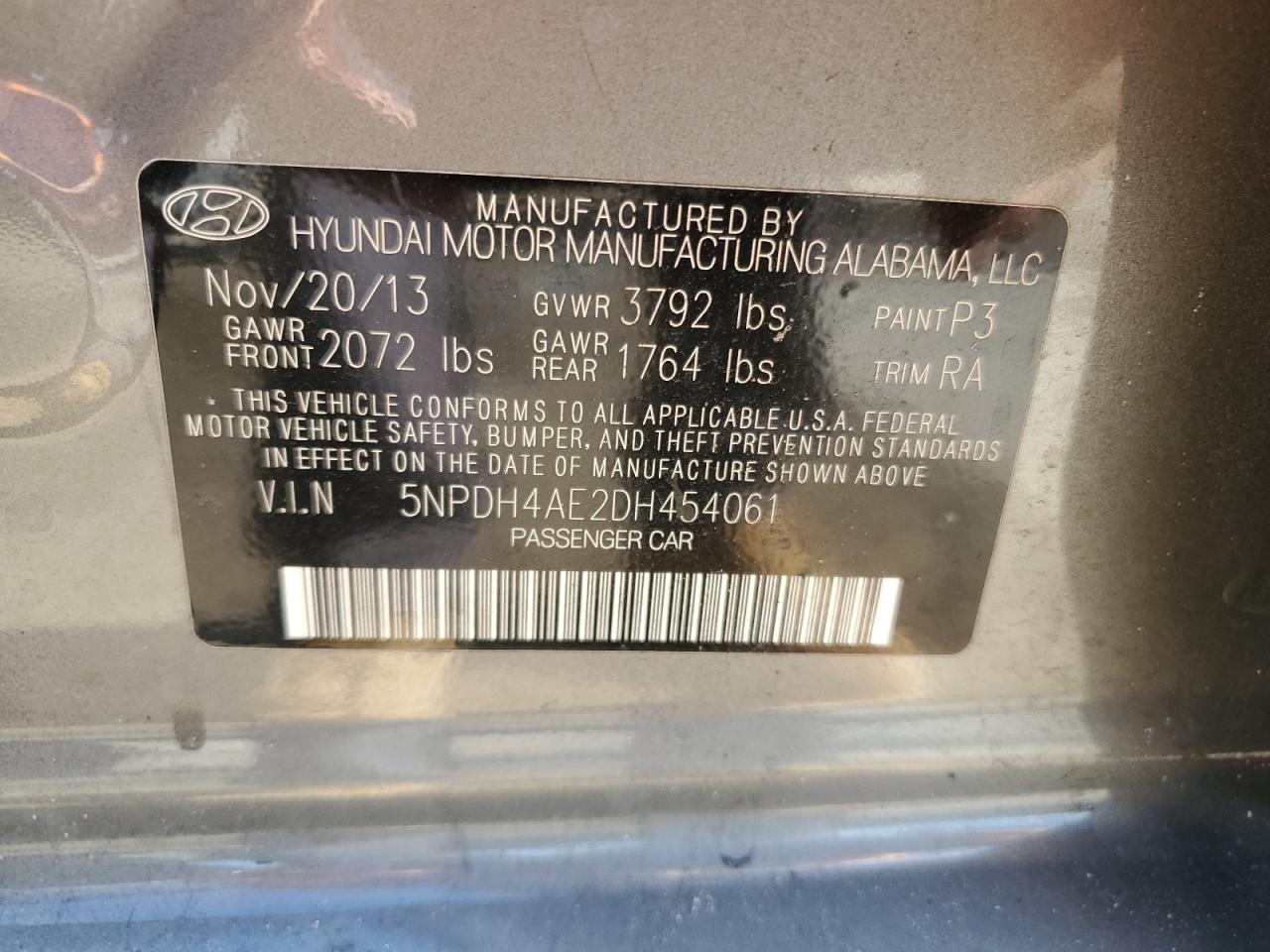 2013 Hyundai Elantra Gls VIN: 5NPDH4AE2DH454061 Lot: 64949874