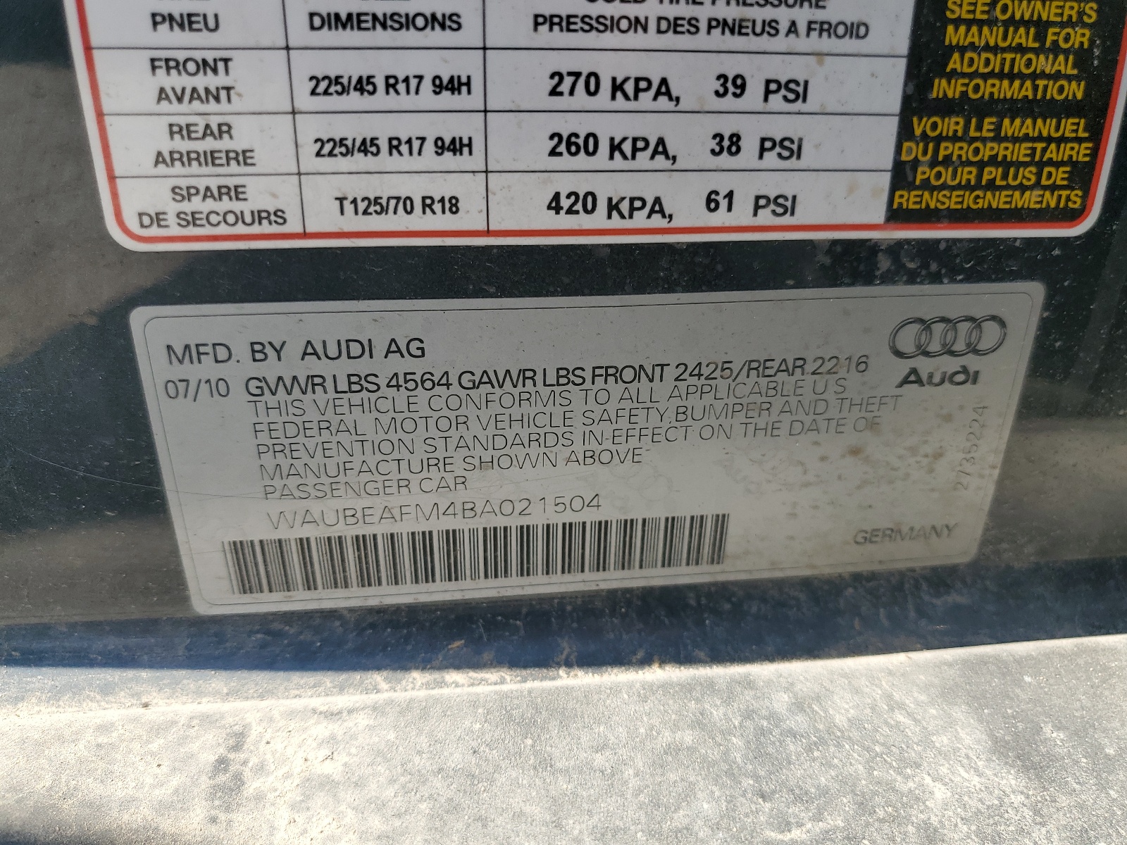 WAUBEAFM4BA021504 2011 Audi A3 Premium