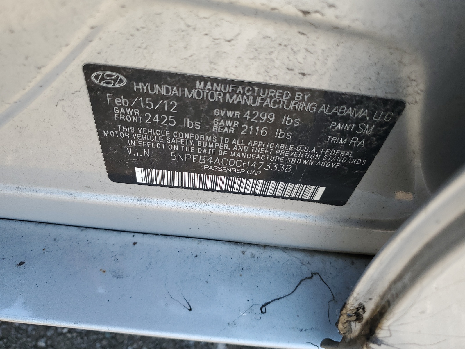 5NPEB4AC0CH473338 2012 Hyundai Sonata Gls