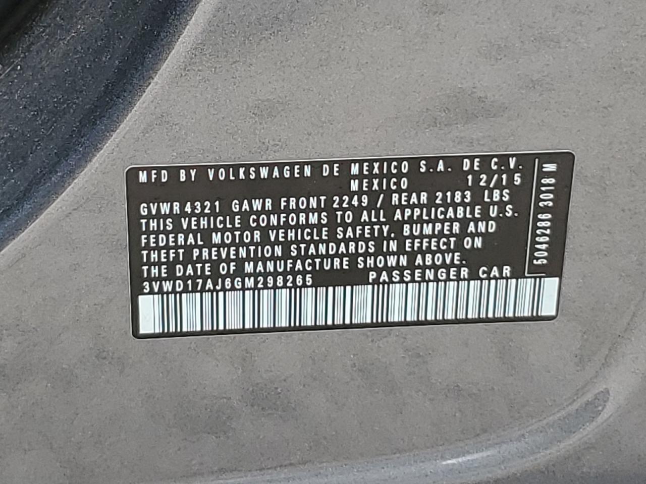 2016 Volkswagen Jetta Sport VIN: 3VWD17AJ6GM298265 Lot: 59514134