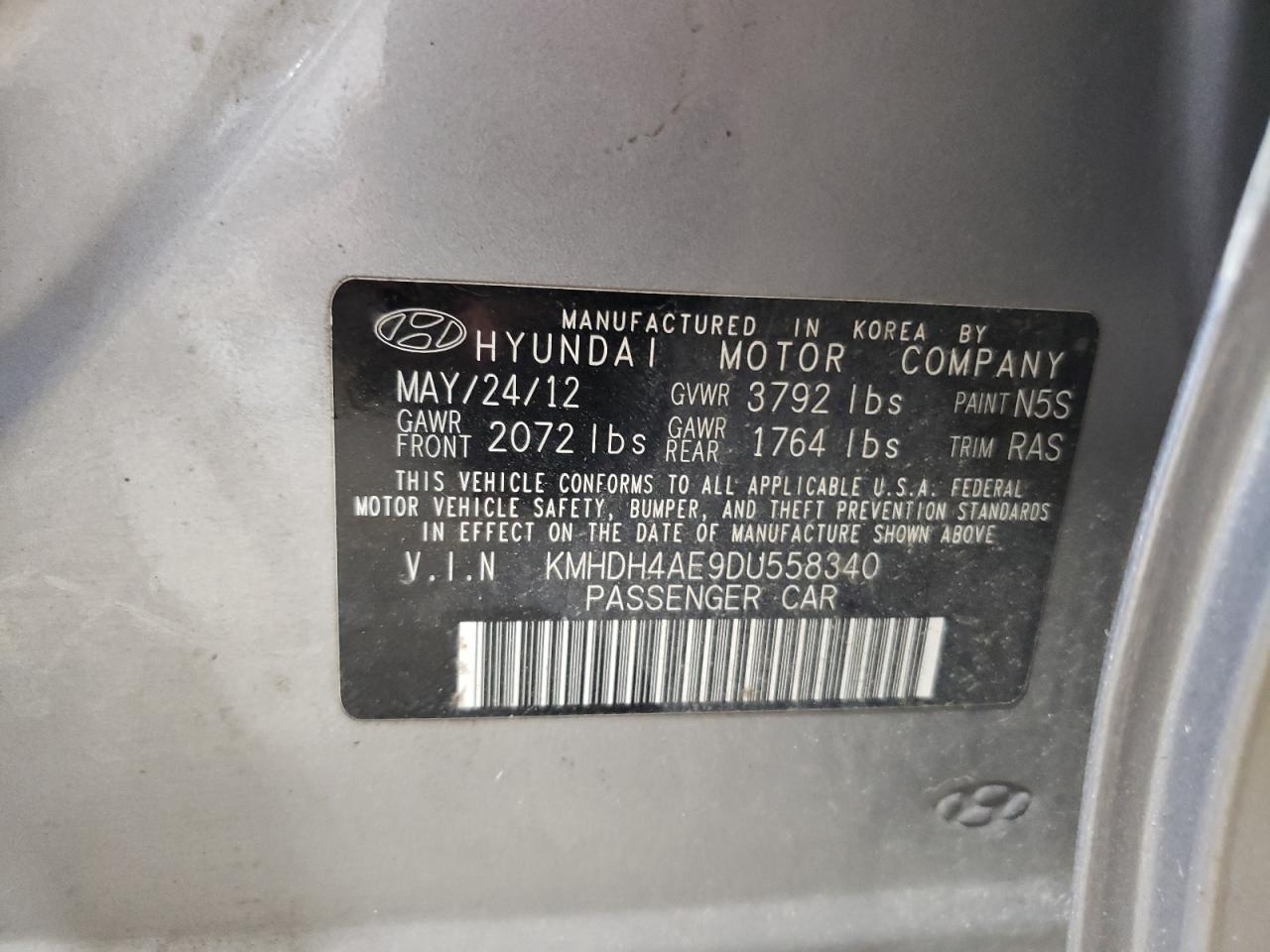 2013 Hyundai Elantra Gls VIN: KMHDH4AE9DU558340 Lot: 62387374