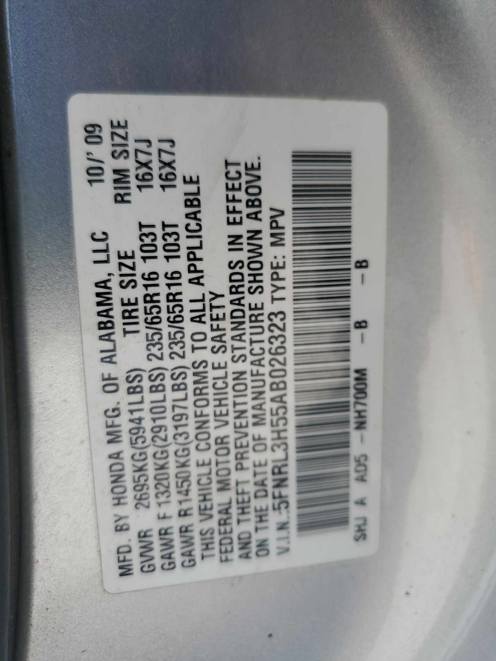 5FNRL3H55AB026323 2010 Honda Odyssey Ex