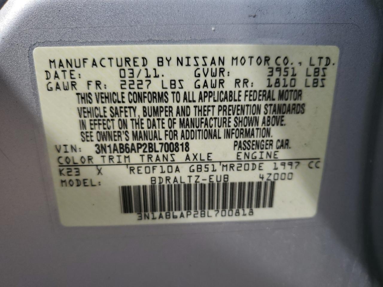 2011 Nissan Sentra 2.0 VIN: 3N1AB6AP2BL700818 Lot: 65033444