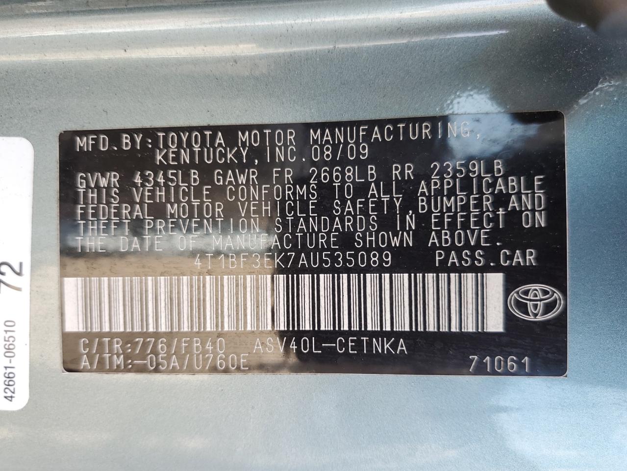 2010 Toyota Camry Base VIN: 4T1BF3EK7AU535089 Lot: 63816654