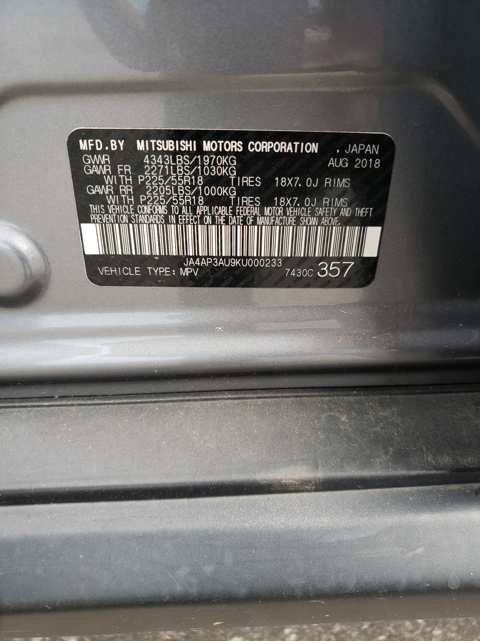 JA4AP3AU9KU000233 2019 Mitsubishi Outlander Sport Es