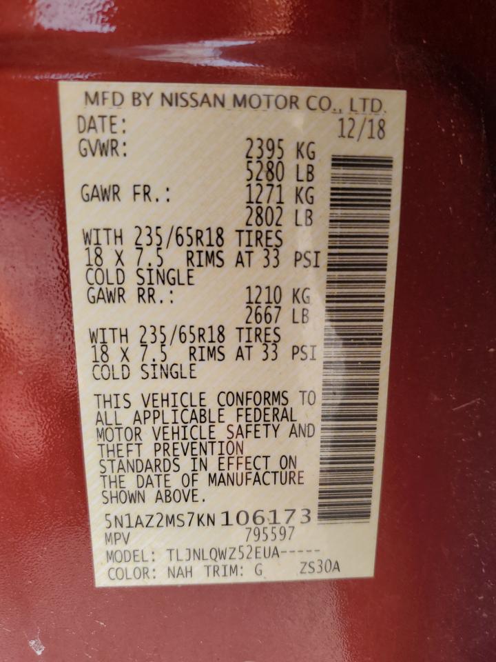 2019 Nissan Murano S VIN: 5N1AZ2MS7KN106173 Lot: 63654184