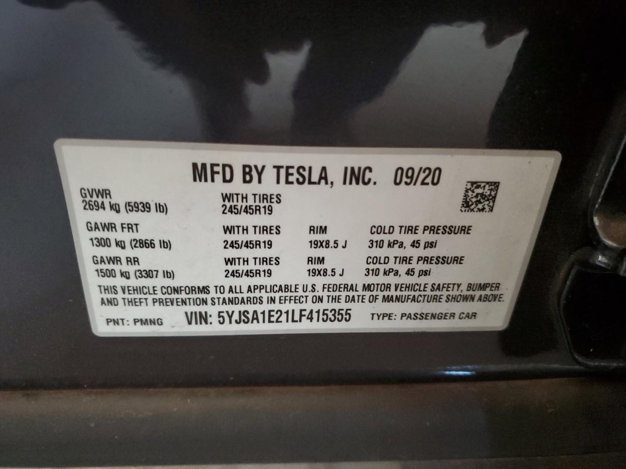 2020 Tesla Model S VIN: 5YJSA1E21LF415355 Lot: 62569224