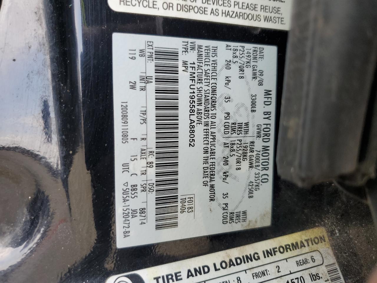 2008 Ford Expedition Limited VIN: 1FMFU19558LA88052 Lot: 62913774