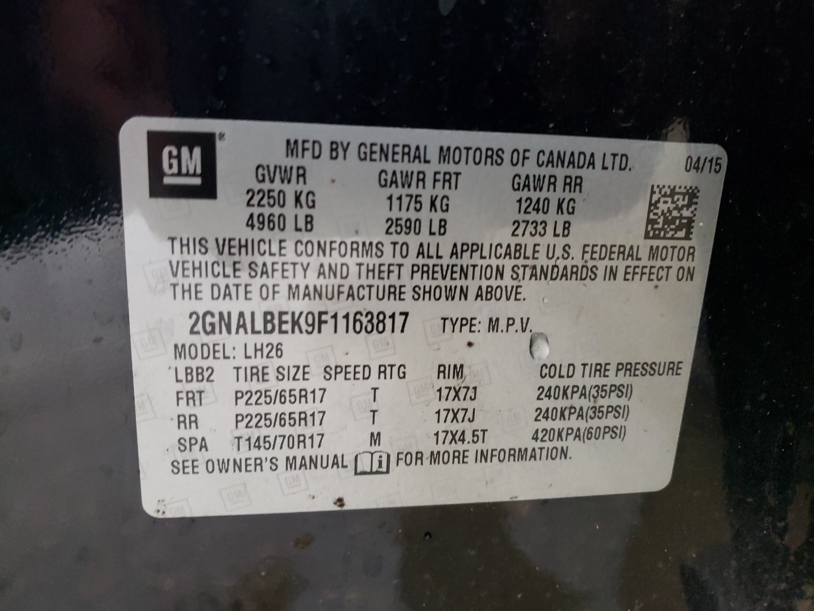 2GNALBEK9F1163817 2015 Chevrolet Equinox Lt