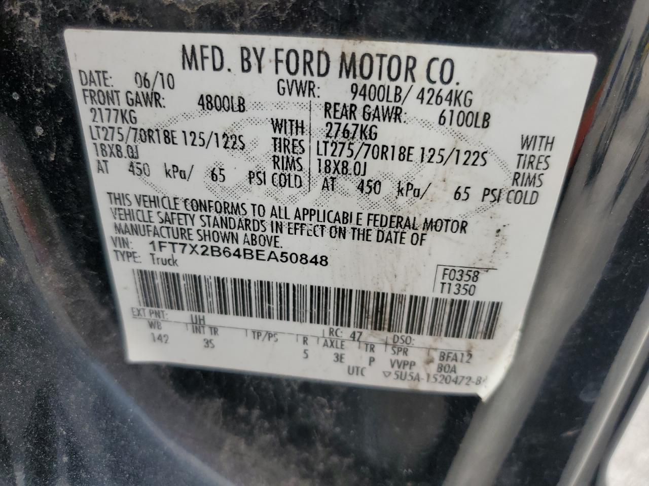 2011 Ford F250 Super Duty VIN: 1FT7X2B64BEA50848 Lot: 65057124