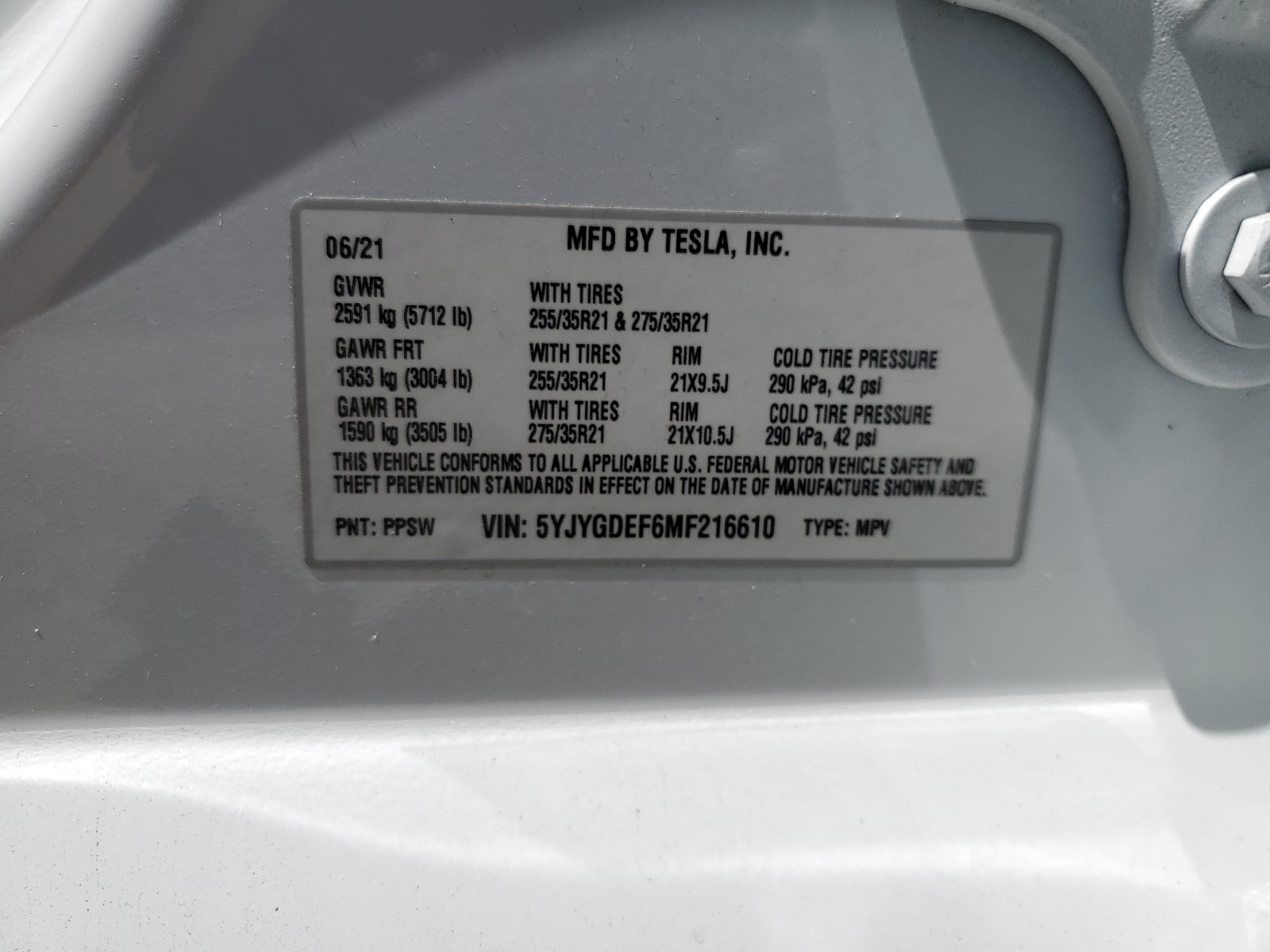5YJYGDEF6MF216610 2021 Tesla Model Y