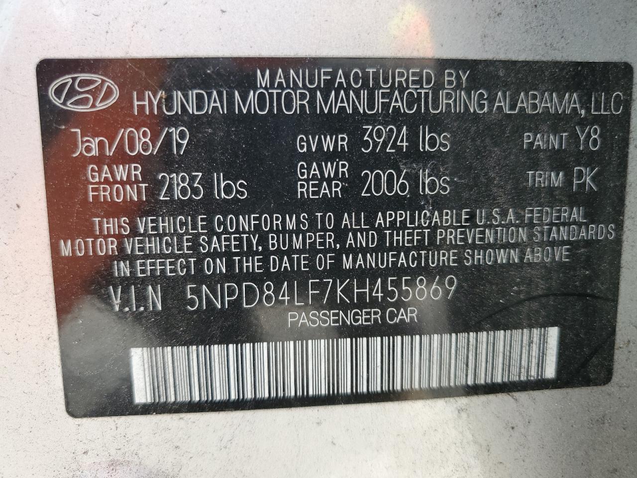 2019 Hyundai Elantra Sel VIN: 5NPD84LF7KH455869 Lot: 63600934