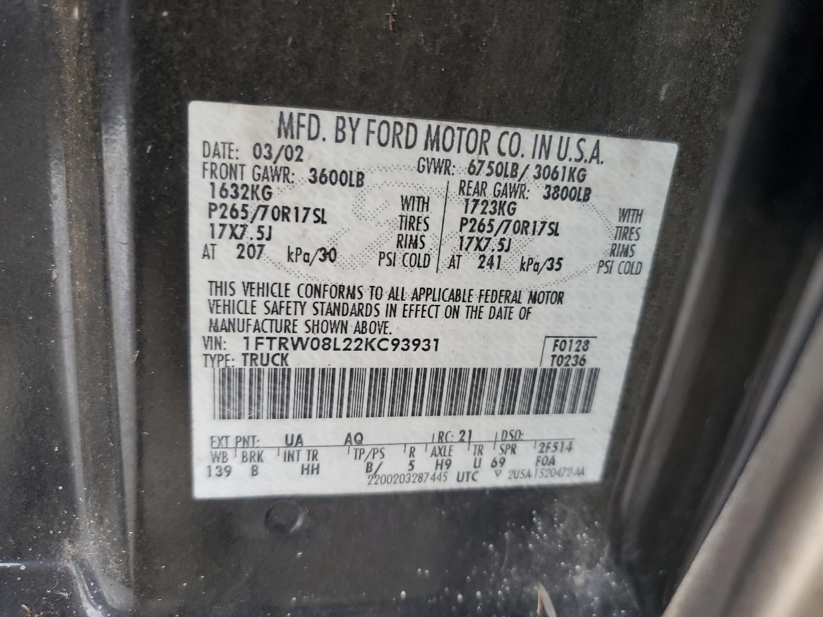 1FTRW08L22KC93931 2002 Ford F150 Supercrew