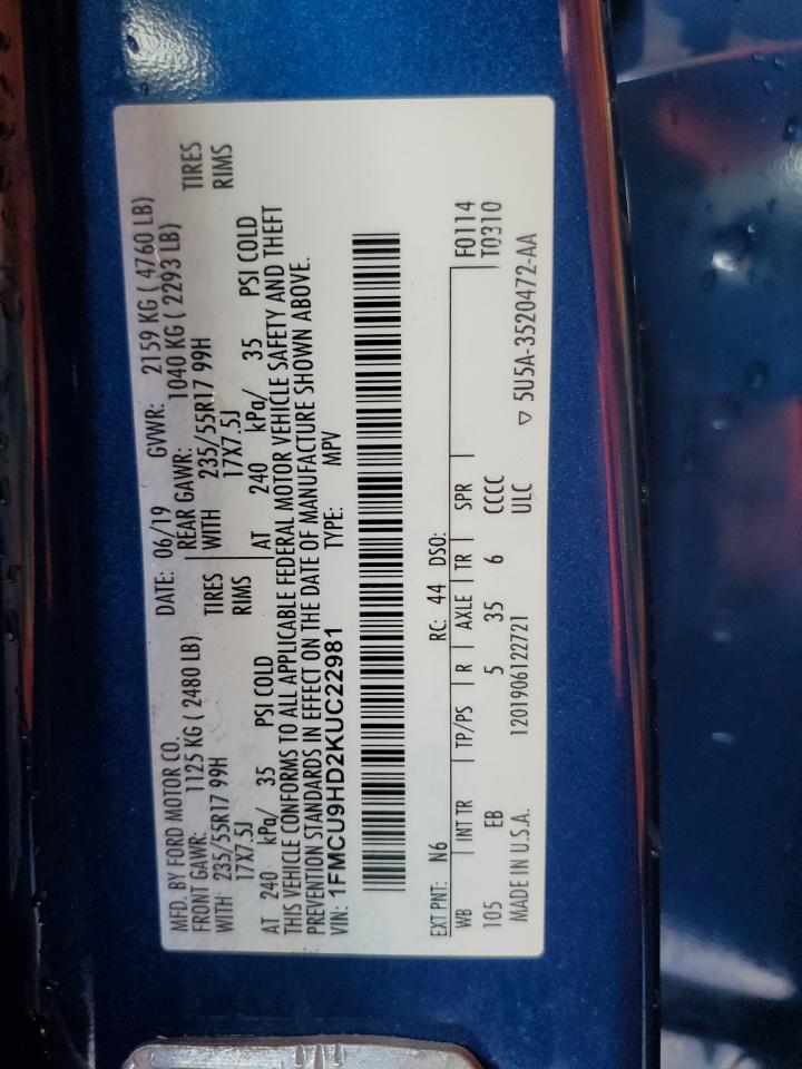 2019 Ford Escape Sel VIN: 1FMCU9HD2KUC22981 Lot: 63978884