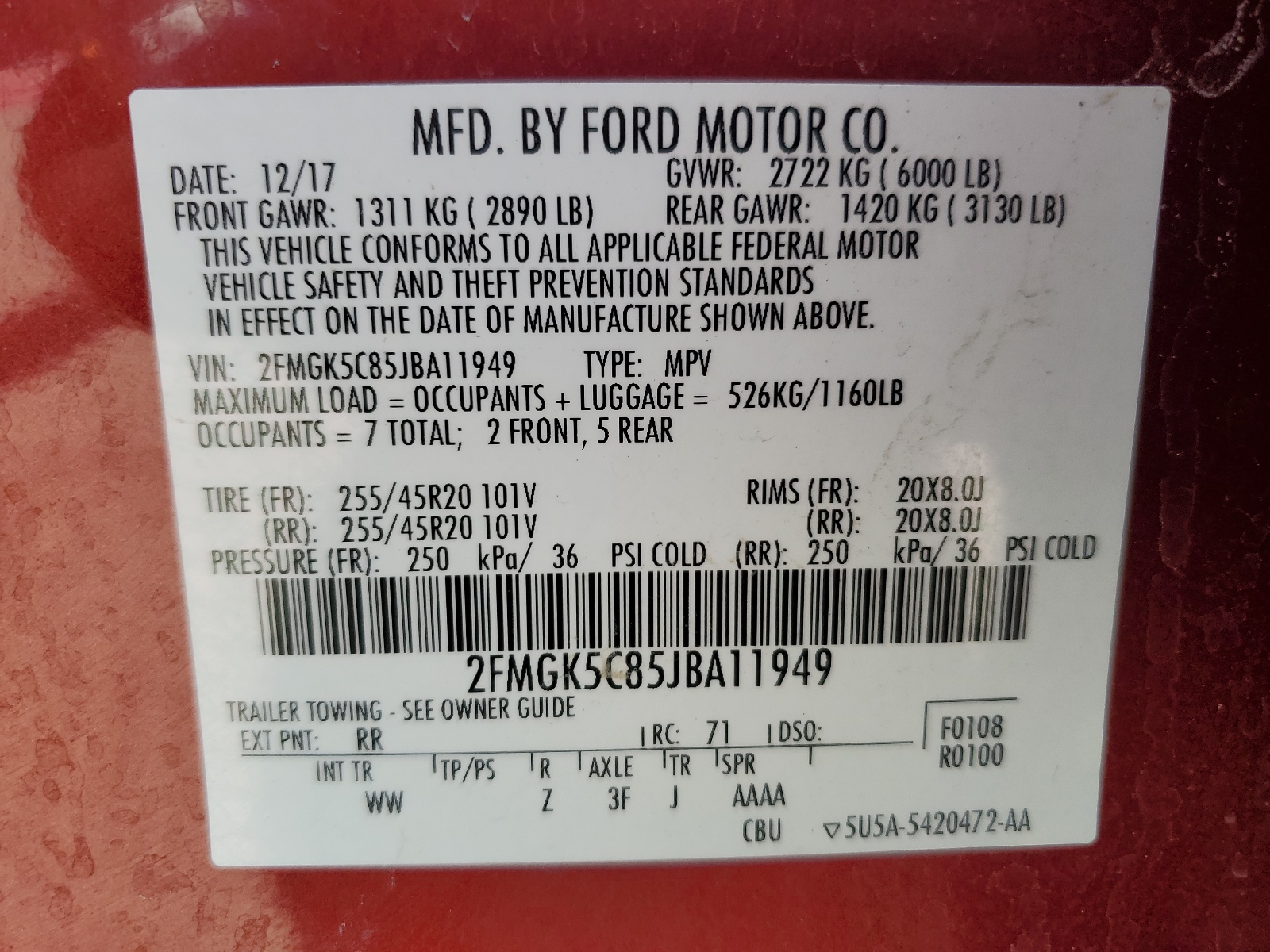 2FMGK5C85JBA11949 2018 Ford Flex Sel