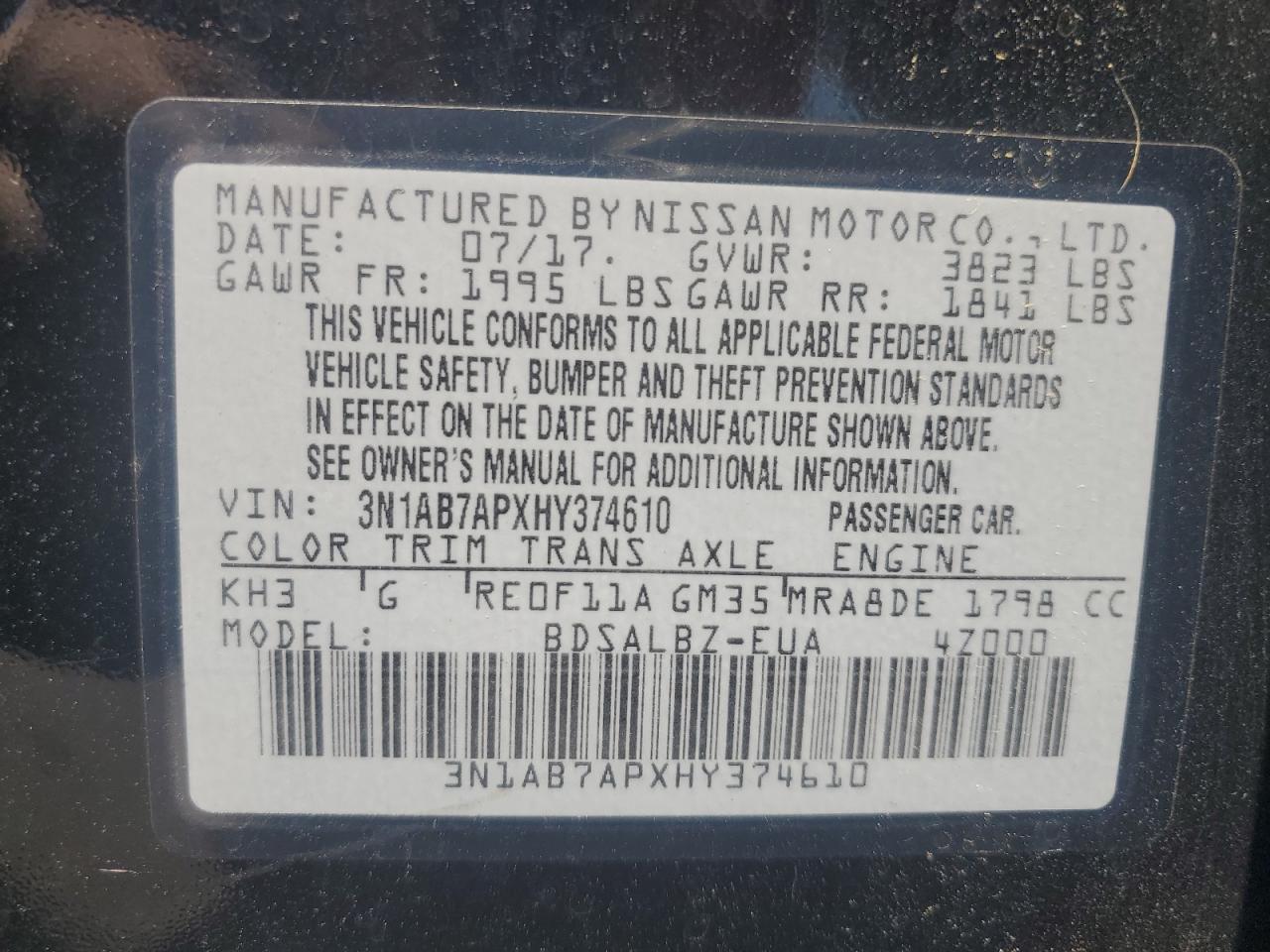 3N1AB7APXHY374610 2017 Nissan Sentra S