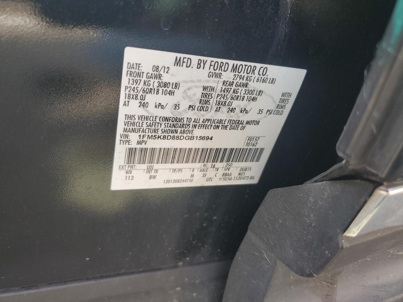 2013 Ford Explorer Xlt VIN: 1FM5K8D88DGB15694 Lot: 59739444