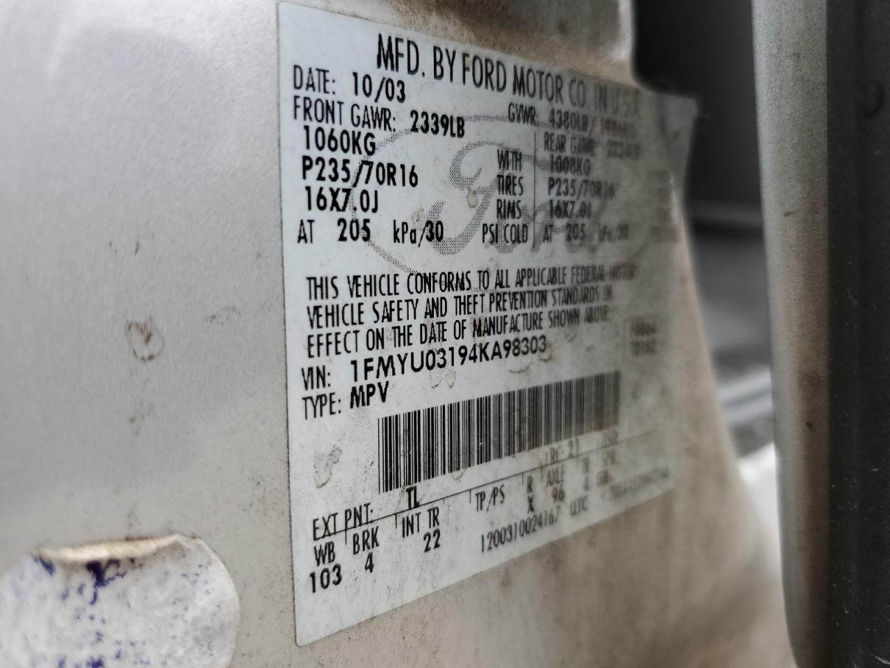 2004 Ford Escape Xlt VIN: 1FMYU03194KA98303 Lot: 63131754