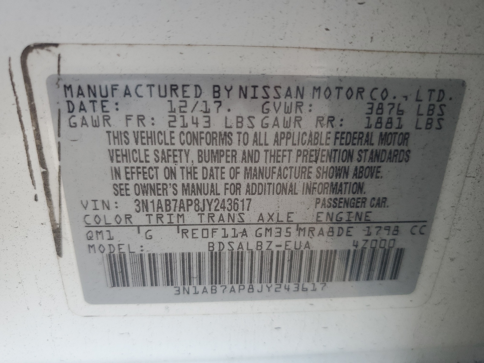 3N1AB7AP8JY243617 2018 Nissan Sentra S