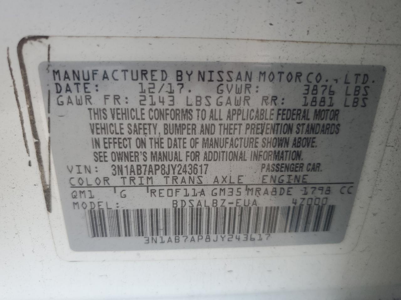 2018 Nissan Sentra S VIN: 3N1AB7AP8JY243617 Lot: 64019044