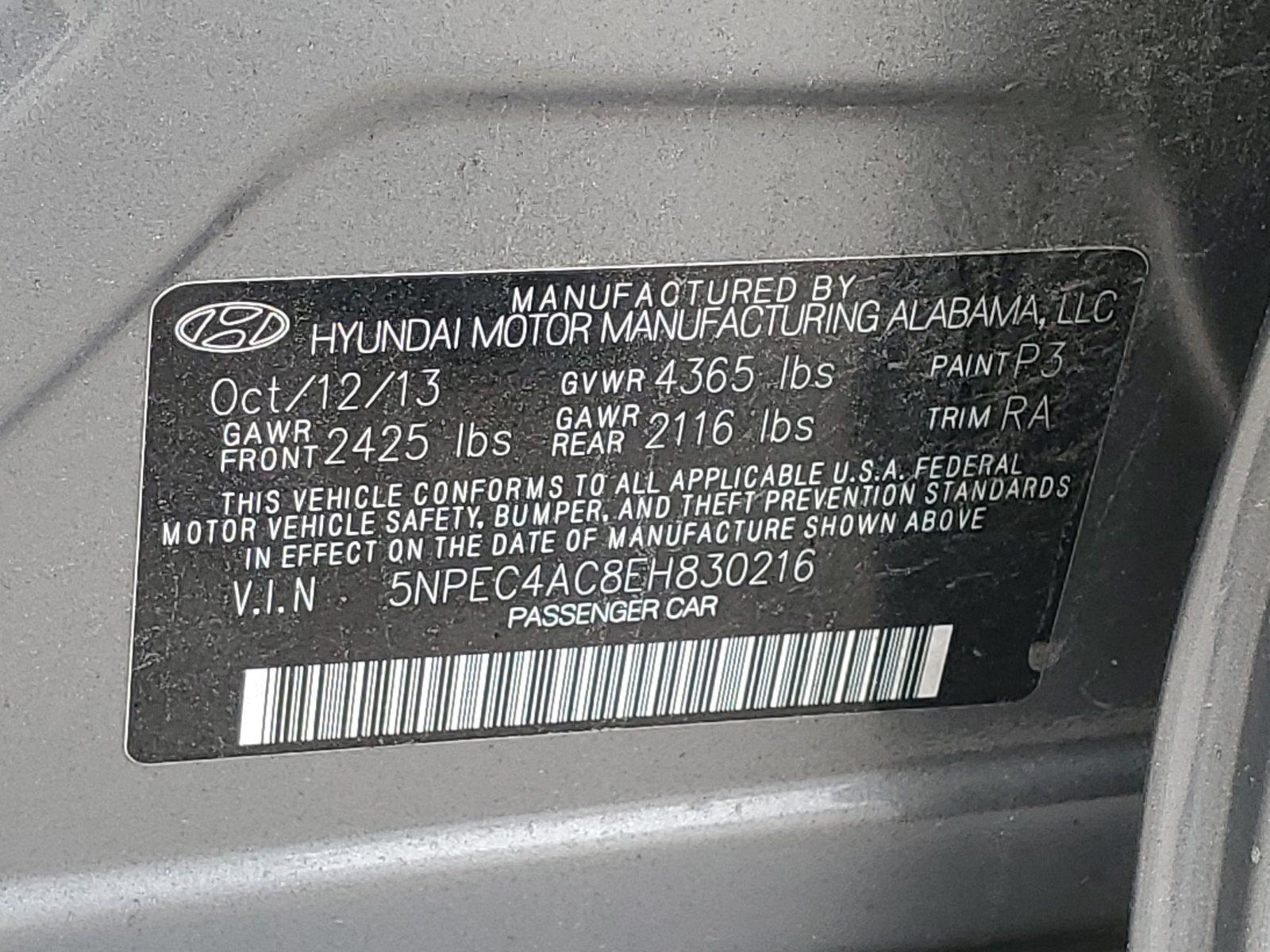 2014 Hyundai Sonata Se vin: 5NPEC4AC8EH830216